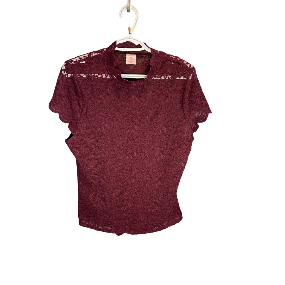 NO BOUNDARIES Womens Burgundy Lace Mock Neck Short Sleeve Top Shirt L G 11 13